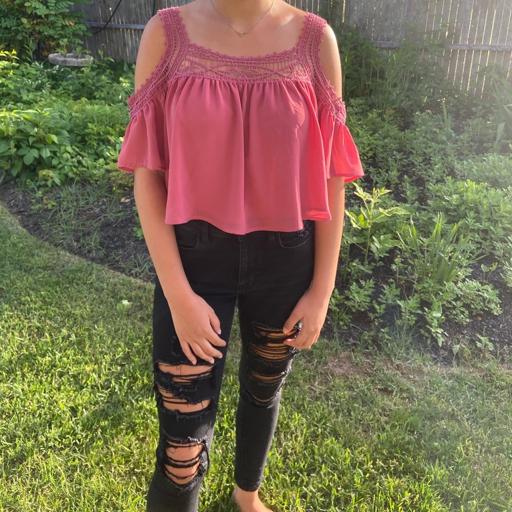 Pink lace cold shoulder blouse